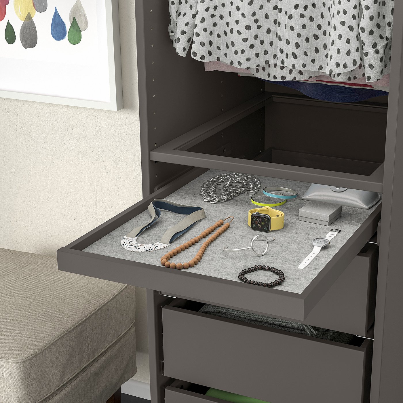 KOMPLEMENT pull-out tray with drawer mat, dark grey/light grey