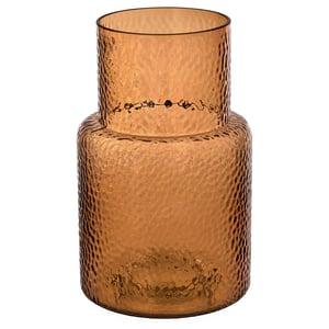 KONSTFULL amber glass vase. Cylindrical shape, textured surface, distinctive ring design.