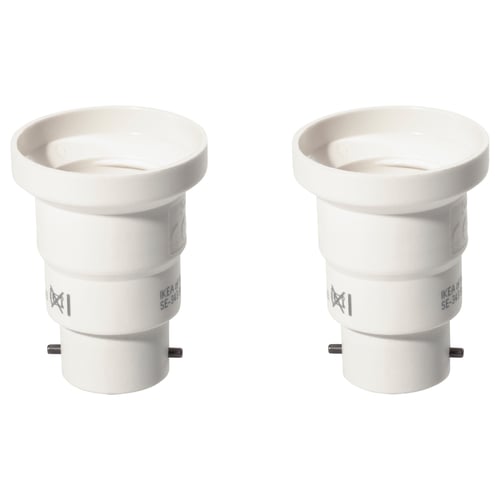 Two white plastic KOPPLA adapters convert b22 sockets to e27.