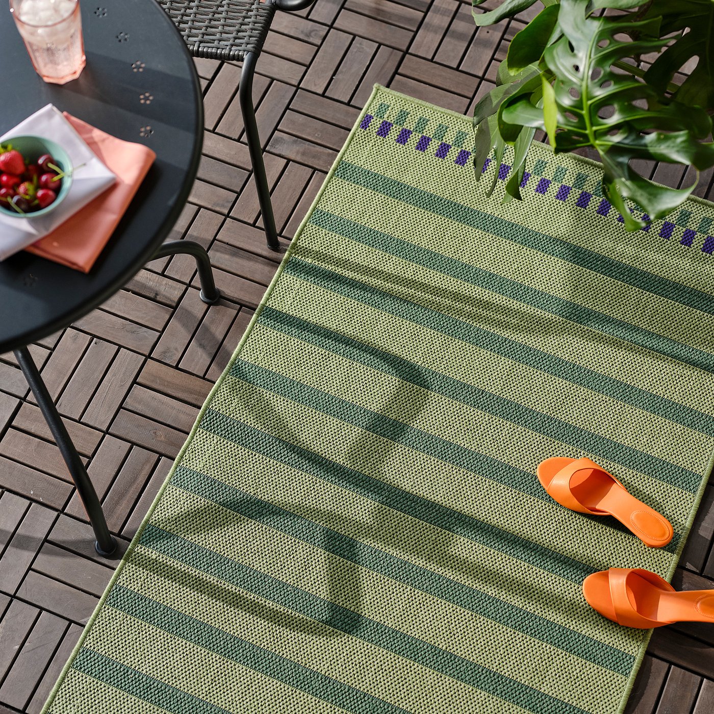 KORSNING rug flatwoven, in/outdoor, green purple/striped, 80x250