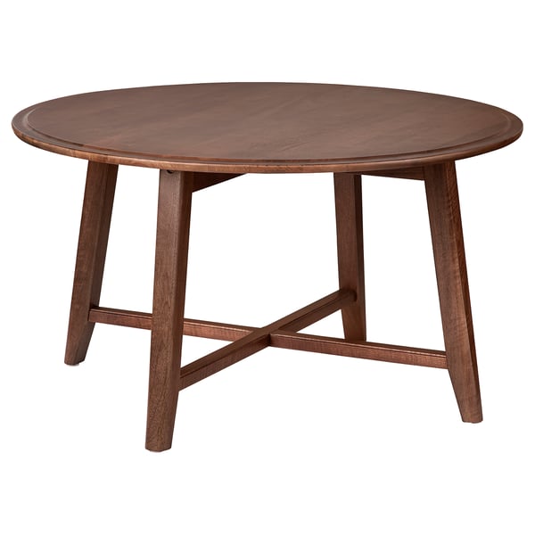 KRAGSTA round coffee table, brownish wood, sturdy legs, sleek design.