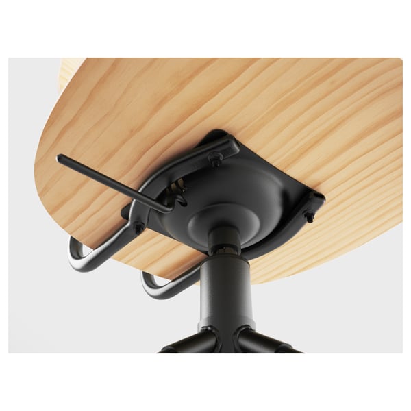 Wooden desk chair base with adjustable height, metal footrest, and sturdy black metal legs.