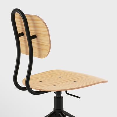 Wooden office chair with adjustable height and black metal frame, featuring a curved backrest and built-in handle for easy lifting.