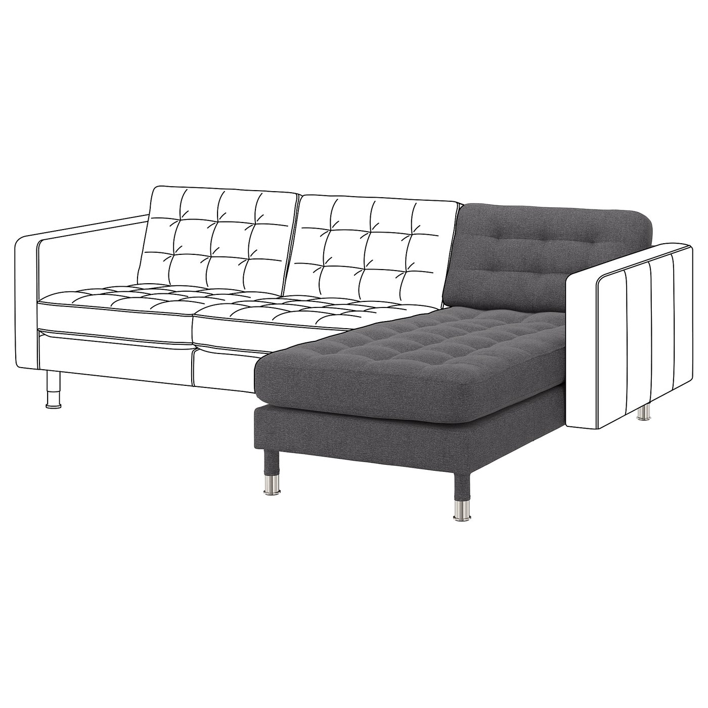 LANDSKRONA Chaise longue, add-on unit, Gunnared dark grey/metal