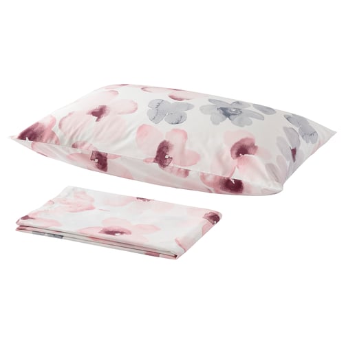 LAPPNYCKLAR bed set with light pink and grey floral prints, soft and breathable, a flat sheet and pillowcases.