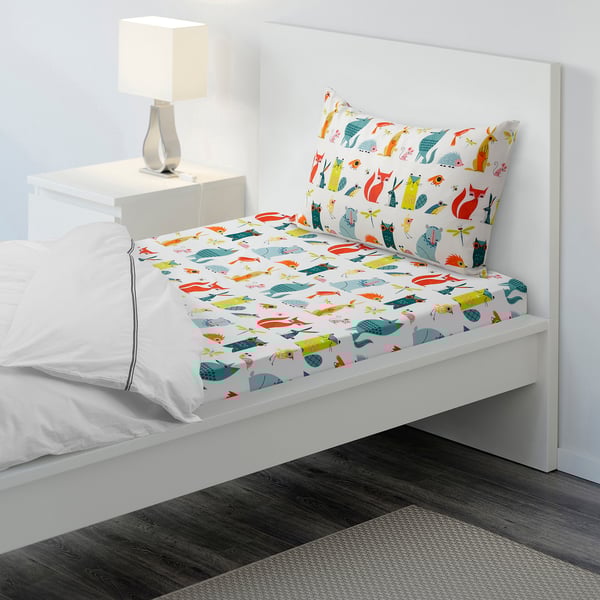 LATTJO flat sheet and pillowcase, animal/multicolour, 150x250/50x80 cm