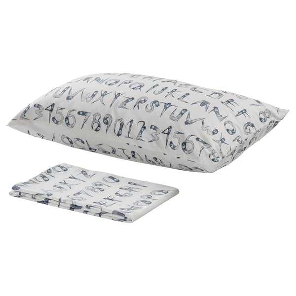 LATTJO Flat sheet and pillowcase, numbers/dark green blue, 150x250/50x80 cm