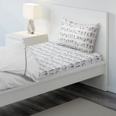 LATTJO Flat sheet and pillowcase, numbers/dark green blue, 150x250/50x80 cm