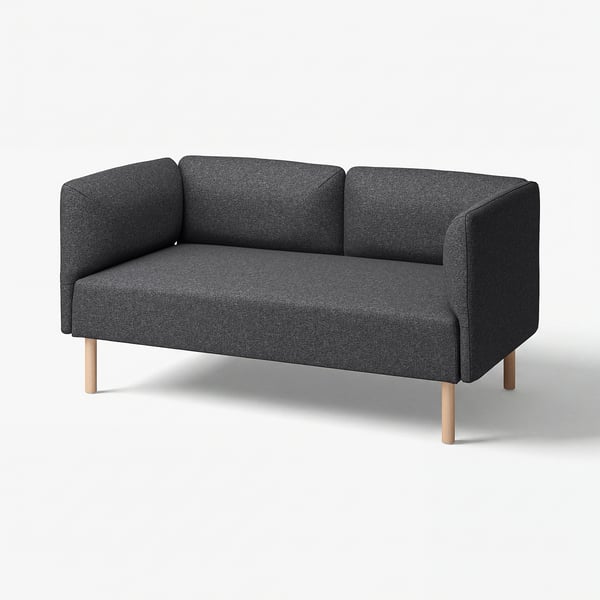 Modern dark grey 2-seater sofa with squared arms and light wood legs.