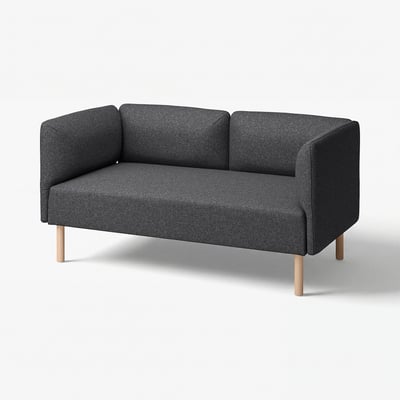 Modern dark grey 2-seater sofa with squared arms and light wood legs.