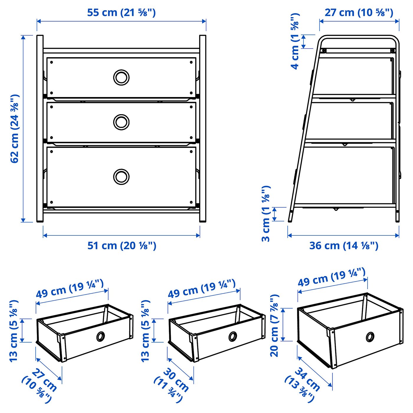 Drawer キャミソール 38 サイズ LOTE chest of 3 drawers, white, 55x62 cm (215/8x243/8