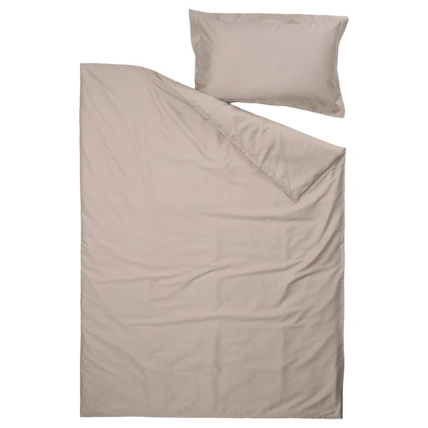 LUKTJASMIN bedding set in grey-beige, smooth fabric, rectangular shape, zip closure.