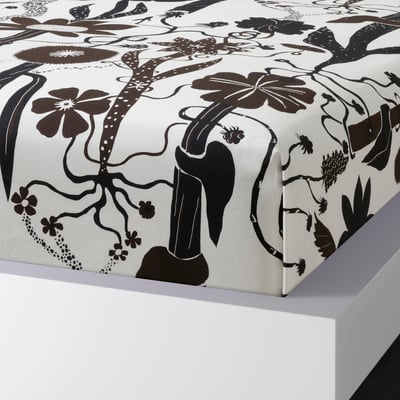 LUNDSKAFTING Flat sheet and 2 pillowcase, white/black/brown, 240x260/50x80 cm