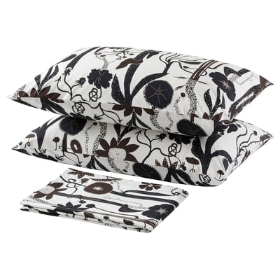 LUNDSKAFTING Flat sheet and 2 pillowcase, white/black/brown, 240x260/50x80 cm