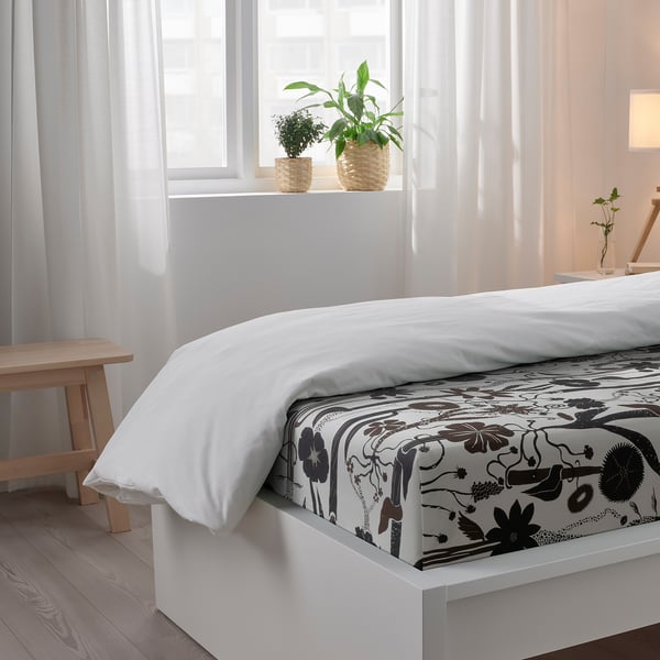 LUNDSKAFTING Flat sheet and pillowcase, white/black/brown, 150x260/50x80 cm
