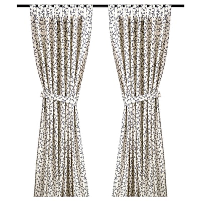 LUNGÖRT Curtains with tie-backs, 1 pair, white/grey/with tab top, 145x150 cm
