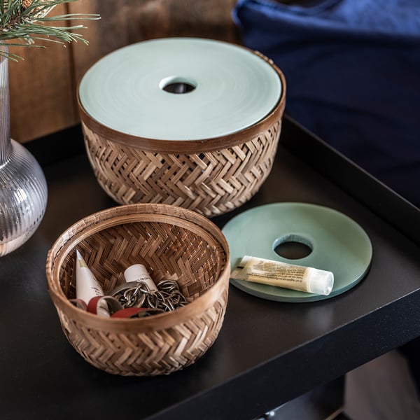 LUSTIGKURRE Basket with lid set of 2, bamboo/turquoise IKEA