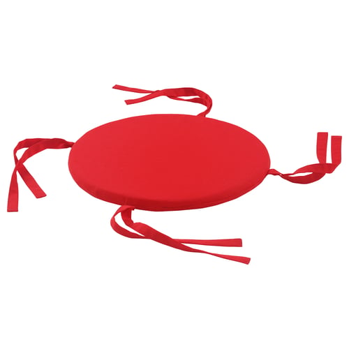 A red, round chair cushion with ties. It is designed to provide comfort and support.