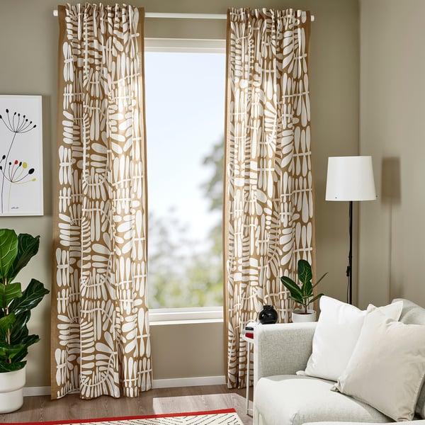 MAJSMOTT Curtains, 1 pair, beige/white/with heading tape, 145x250 cm