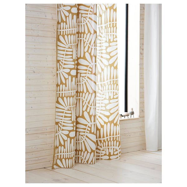 MAJSMOTT Curtains, 1 pair, beige/white/with heading tape, 145x250 cm