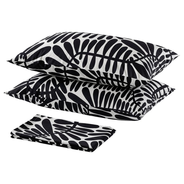 MAJSMOTT Flat sheet and 2 pillowcase, white/black, 240x260/50x80 cm