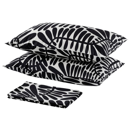 Leaf-patterned pillows & folded sheet, MAJSMOTT bedding set.