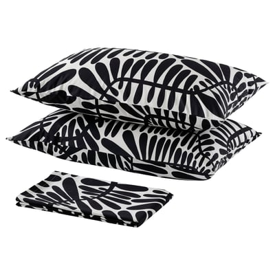 MAJSMOTT Flat sheet and 2 pillowcase, white/black, 240x260/50x80 cm