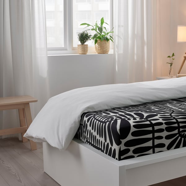 MAJSMOTT Flat sheet and pillowcase, white/black, 150x260/50x80 cm