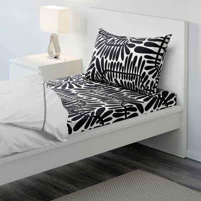MAJSMOTT Flat sheet and pillowcase, white/black, 150x260/50x80 cm