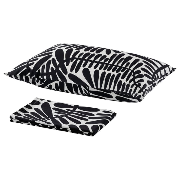 MAJSMOTT Flat sheet and pillowcase, white/black, 150x260/50x80 cm