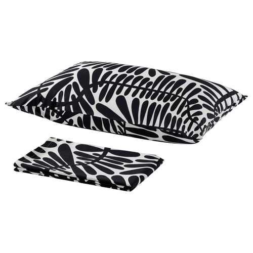 Black & white patterned bed sheet set, featuring leaf design, rectangular shape, greige colour, cotton-viscose material.