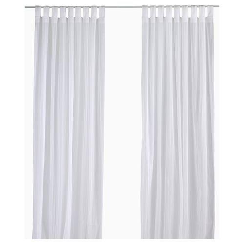 Two white sheer curtains, made of 100% cotton, hang side by side with rod-pocket tops, offering privacy while allowing light through.
