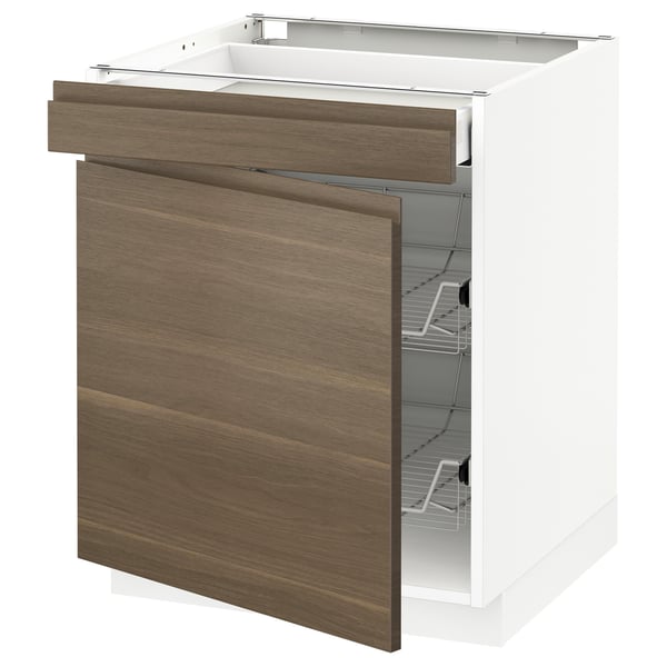 METOD Base cab w wire basket/drawer/door, white Maximera/Voxtorp walnut, 60x60x70 cm