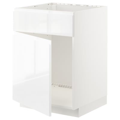 METOD Base cabinet f sink w door/front, white/Voxtorp high-gloss/white, 60x60x80 cm
