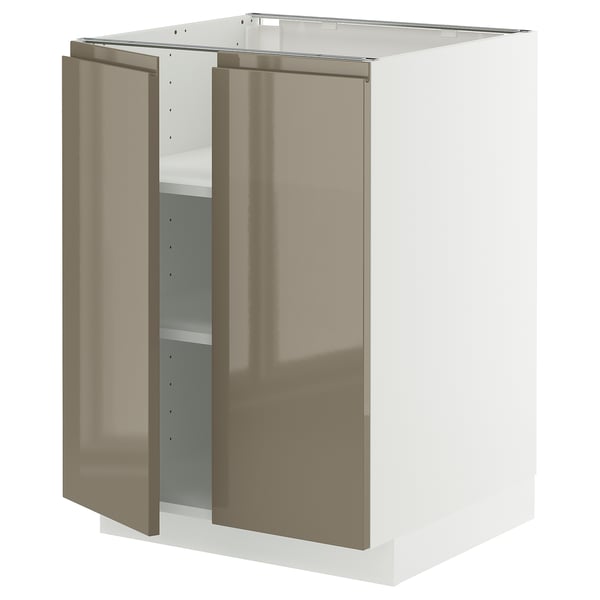 METOD Base cabinet with shelves/2 doors, white/Voxtorp high-gloss dark grey-brown, 60x60x80 cm