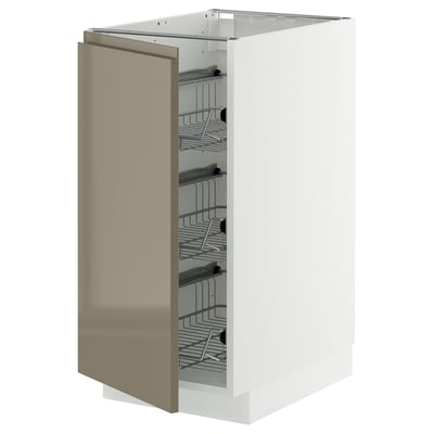 METOD Base cabinet with wire baskets, white/Voxtorp high-gloss dark grey-brown, 40x60x80 cm
