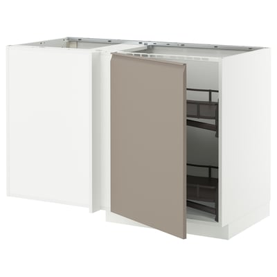 A white METOD kitchen cabinet with a grey-beige door open, revealing a pull-out shelf.
