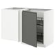 A modern kitchen cabinet set in white with a dark grey door, showcasing pull-out shelving for storage.