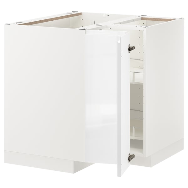 METOD Corner base cabinet with carousel, white/Voxtorp high-gloss/white, 88x88x80 cm