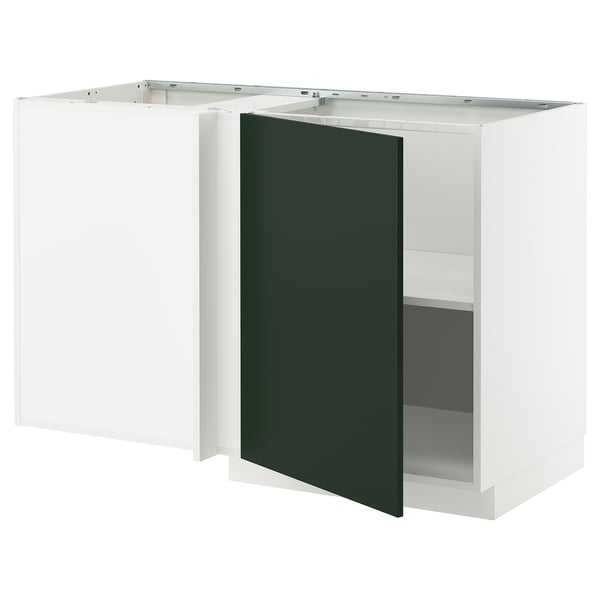 A white and dark green corner cabinet from the METOD kitchen system, featuring a modern design with a single door and an adjustable shelf.