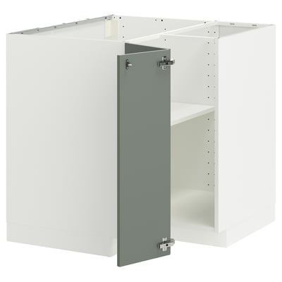 A METOD kitchen module with a gray-green nickebo front, featuring a sturdy frame and adjustable shelves.