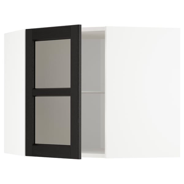METOD Corner wall cab w shelves/glass dr, white/Lerhyttan black stained, 68x37x60 cm