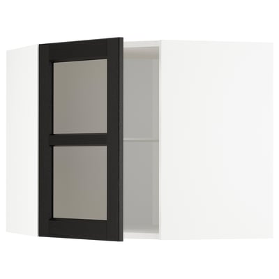 METOD Corner wall cab w shelves/glass dr, white/Lerhyttan black stained, 68x37x60 cm