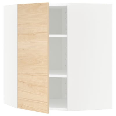 A light ash-colored METOD kitchen cabinet with one open door, revealing an internal adjustable shelf.