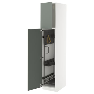 METOD High cabinet with cleaning interior, white/Nickebo matt grey-green, 40x60x200 cm