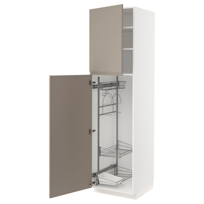 METOD High cabinet with cleaning interior, white/Upplöv matt dark beige, 60x60x220 cm