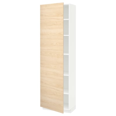 A tall, white bathroom cabinet with a light wooden door, featuring a simple and modern design.