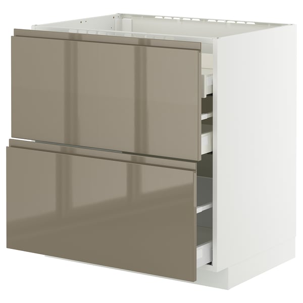 METOD / MAXIMERA Base cab f hob/2 fronts/3 drawers, white/Voxtorp high-gloss dark grey-brown, 80x60x80 cm