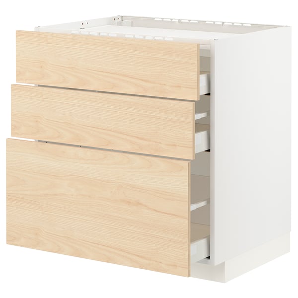 METOD / MAXIMERA Base cab f hob/3 fronts/3 drawers, white/Askersund light ash effect, 80x60x80 cm