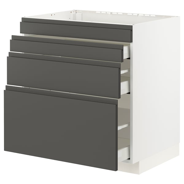 METOD / MAXIMERA Base cab f hob/4 fronts/3 drawers, white/Voxtorp dark grey, 80x60x80 cm